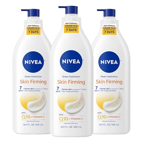 NIVEA Sheer Hydration Skin Firming Body Lotion with Q10 and Vitamin C, 72-Hour Body Moisturizer for Normal to Dry Skin, 16.9 Fl Oz Pump Bottle, Pack of 3