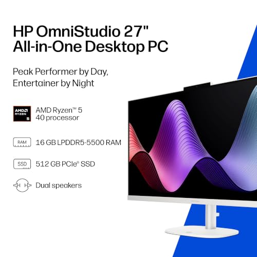 Image of HP OmniStudio 27 inch All-in-One Desktop PC, FHD Display, AMD Ryzen 5 40, 16 GB RAM, 512 GB SSD, AMD Radeon Graphics, Windows 11 Home, Cotton White, 27-cv0170 (2026)