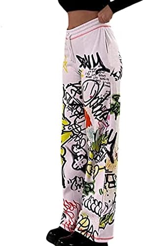 Women Sweatpants Baggy High Waist Y2k Hippie E Girl Clothes Graffiti Print Athletic Jogger Pants 90S Streetwear Trousers (White, Small)