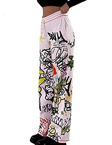 Women Sweatpants Baggy High Waist Y2k Hippie E Girl Clothes Graffiti Print Athletic Jogger Pants 90S Streetwear Trousers (White, Small)