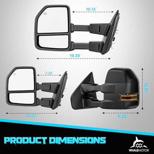 Image of WHALEMOTOR Smoked Power Heated Tow Mirrors Compatible with 2015-2020 Ford F150 F-150, Extended Trailer Towing Side Mirrors w /LED Turn Signal & Ambient Temp Sensor(for 2019+), Carbon Fiber Grey Housing