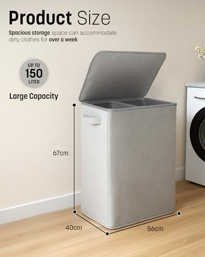 Keplin Collapsible Laundry Basket with Lid – 2 Section Clothes Sorter Hamper 150L – Large Fabric Washing Bin with Removable Liner, Handles & Bottom Strap – Foldable Grey Laundry Organizer 56x40x67cm - Cosy Home Interiors Keplin Collapsible Laundry Basket with Lid – 2 Section Clothes Sorter Hamper 150L – Large Fabric Washing Bin with Removable Liner, Handles & Bottom Strap – Foldable Grey Laundry Organizer 56x40x67cm - Image 2