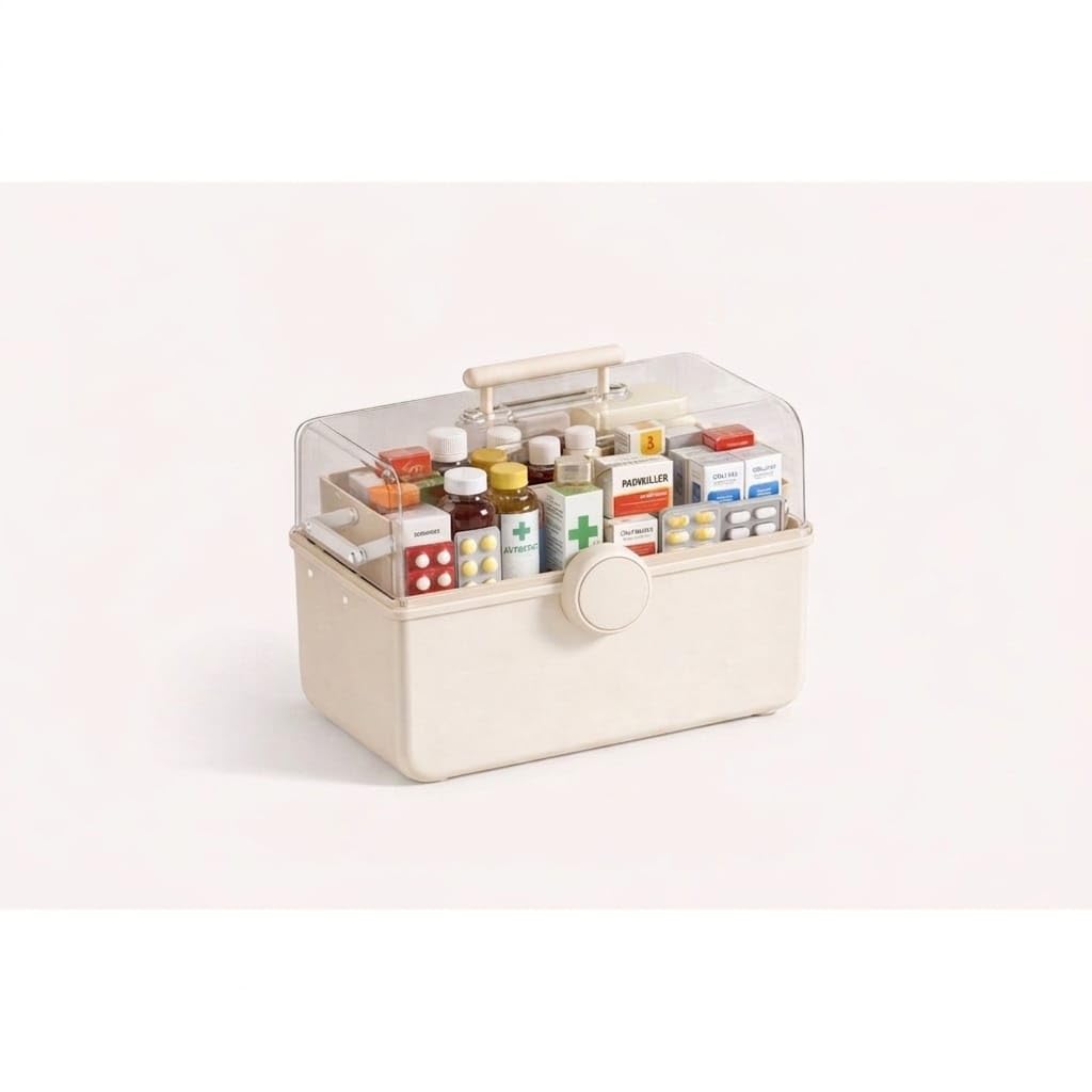 HI MOM Large Multi Layer Medicine Storage Box with Transparent Lid Portable First Aid Organizer Box Dustproof Lockable Medical Kit Storage Case for Home Office Travel Beige-picture-26
