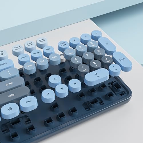 Image of Owpkeenthy Retro Keyboard and Mouse Wireless, Cute Colorful Keyboard with Retro Typewriter Style Full-Sized with Number Pad Round Keys for Desktop, Laptop and Computerr (Gradient Blue)
