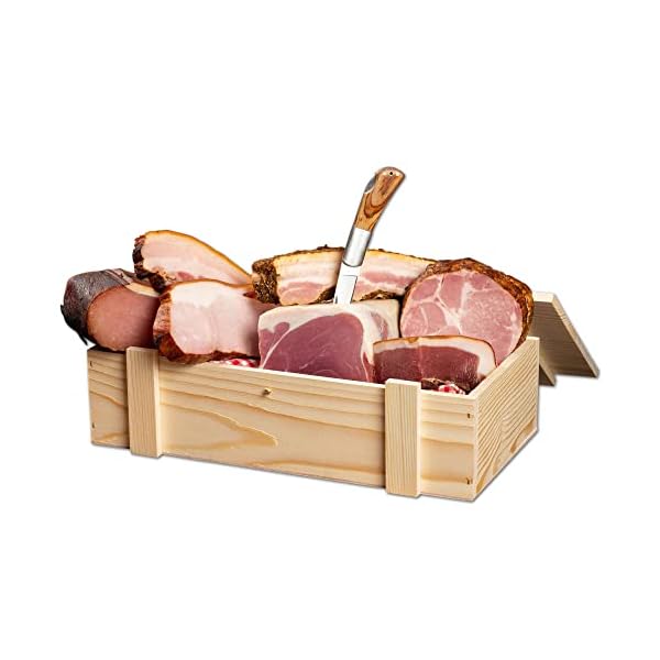 WURSTBARON® Schinken Wurst Geschenkbox aus Holz mit Serrano, Wacholderbauch, Bauerngeräuchertes, Schwarzrauch, Hüttenspeck & Taschenmesser - 2,88 kg