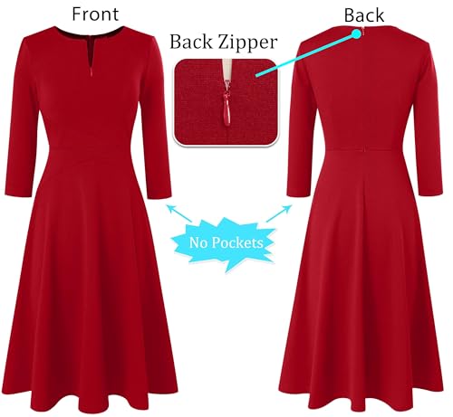 Image of VFSHOW Womens Work Business Front Zipper A-Line Dresses 3 /4 Sleeve Office Church Fit and Flare Skater Swing Knee Length Dress