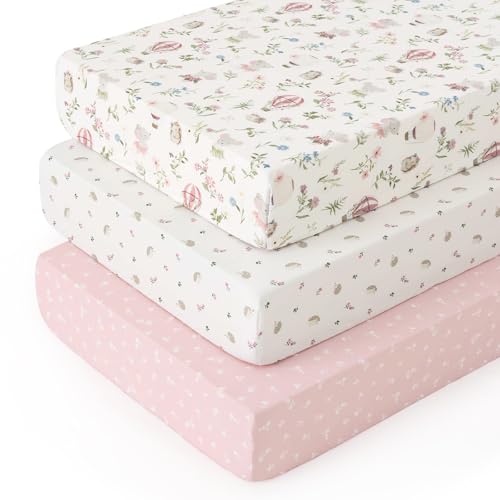 Image of PHF 3 Pack Soft Floral & Animal Crib Sheets Fitted, Comfy Breathable Baby Sheets for Boys Girls, 28x52 Inches Fits Standard Crib and Toddler Mattresses, Floral & Animal