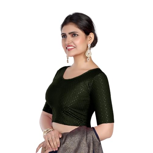 Image of FINESTFIT Round Neck Stretchable Elbow Sleeve Readymade Saree Blouse for Women, 100% Cotton Dobby Fabric
