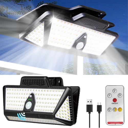 Smartyoyoka Solar Lights Clip On Solar Motion Sensor Lights with 3 Color, IP65 Waterproof Wall Lights with USB & 208LED, Portable Light for Fence, Deck, Wall, Garage, Patio (Black-3600mAh) - image 1