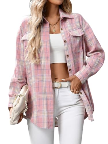 seiveini Camisa a Cuadros Mujer Blusas de Franela Clásico con Botones Manga Larga Camisas Boyfriend Otoño Invierno A Rosa XL