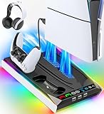 PS5/Slim/Pro Stand for Disc & Digital Console, PS5 Cooling & Charging Station with RGB Ambient Lighting, PS5 Controller Charger Built-in 3 Level Fan, PS5/Slim/Pro Accessories for PlayStation 5 Case