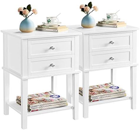 Yaheetech White Bedside Tables Set of 2, Wooden Side Table with 2 Drawers Cabinet for Living Room, Sofa Side End Table with Open Storage Shelf for Bedroom Office Small Space Modern Accent Furniuture