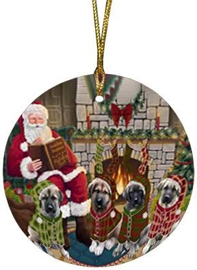Santa Sled Dogs Anatolian Shepherd Christmas Round Flat Ornament - Pet Decorative Hanging Ornaments for Christmas X-mas Tree Decorations - 2.75" Round Flat Ceramic Christmas Ornament POR1559
