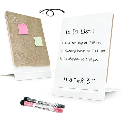 SHOOFFICE Acrylic Dry Erase Board & Felt Board Combo, 11.4'' x 8.3" Double-Sided Small White Board with Stand for Desk, Frameless Memo Board with 2 Markers and 20 Pins for Office Home School Cover