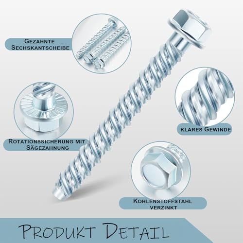 ORTAVA Concrete Screws Hex Head M8 x 60, Pack of 20 Concrete Screws Galvanised with Washer for Masonry Concrete, Architecture, Industry - Image 3