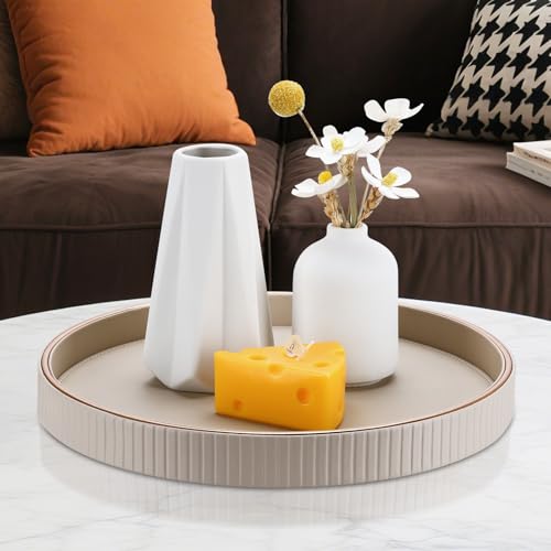 KINGFOM Tablett Serviertablett Groß Deko Tablett Rund Ø 30 cm | PU Leder Dekotablett Valet Tablet für Küche,Wohnzimmer, Schlafzimmer (Beige)