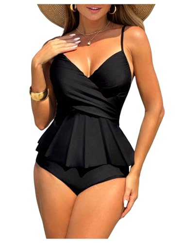 SHENHE Women's Ruffled Tankinni Swimsuit Tummy Control High Waisted Peplum Bathing Suits