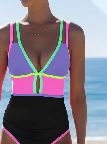 Image of popvil Women One Piece Swimsuit 2026 Tummy Control Sexy Cutout Neon Color Block Bathing Suit Slimming Adjustable Swimwear