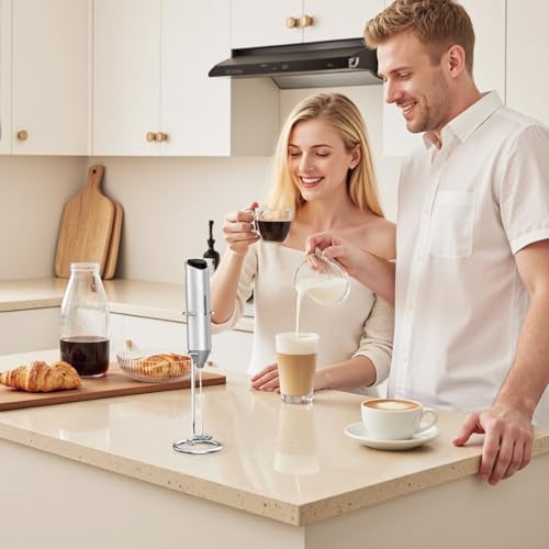Bonsenkitchen Powerful Milk Frother with Stand for Coffee, Fast Handheld Drink Mixer with Stainless Steel Whisk, Battery Operated Hand Frother Stirrer Wand-Silver