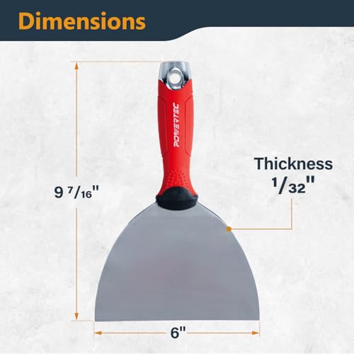Image of POWERTEC 6-Inch Stainless Steel Drywall Joint Knife - Flexible Blade, Soft Grip, for Patching, Taping, Scraping (72173)