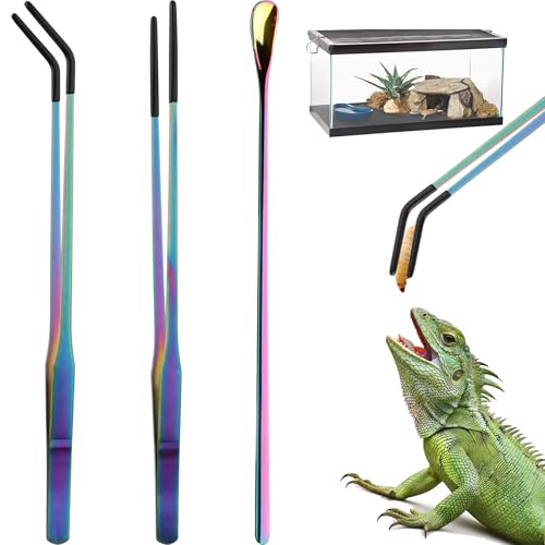 Voushtar 3-Pack Reptile Feeding Tongs Set with Spoon – 10.6" Stainless Steel Straight & Curved Tweezers with Soft Rubber Tips for Snakes, Lizards, Bearded Dragons, Geckos, Crickets & Worms