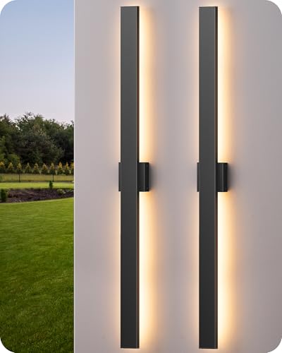 Image of EDISHINE 47.2 inch LED Outdoor Wall Light, Modern Black Linear Wall Sconce | 2 Pack, 3CCT & 10%-100% Dimmable, Back Light, IP65 Waterproof, Memory Function, Long Exterior Lighting Fixtures House, Yard