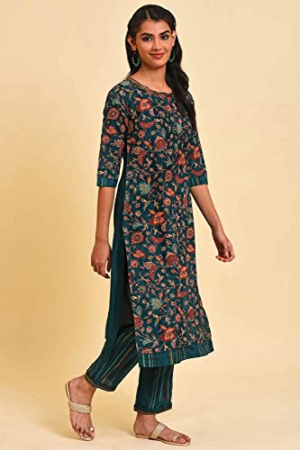 Image of W for Woman Women Viscose Printed Embellished Neck Straight Kurta Set