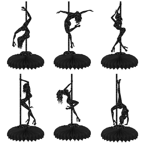 ZHUOWEISM 6 PCS Pole Dance Honeycomb Table Centerpiece Black Glitter for Bachelorette Bridal Shower Birthday Party Table Decorations Supplies