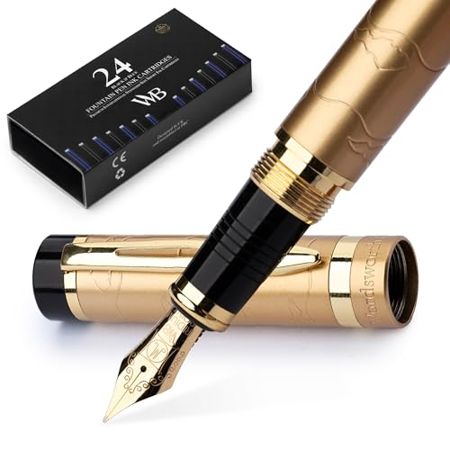 Image of Wordsworth & Black Primori Luxury Fountain Pen Set for Writing, Medium Nib | Stunning Gold, Gift for Men Women, Metal Body, 18K German Iridium, Calligraphy, Converter + 24 Ink Cartridges, Refillable