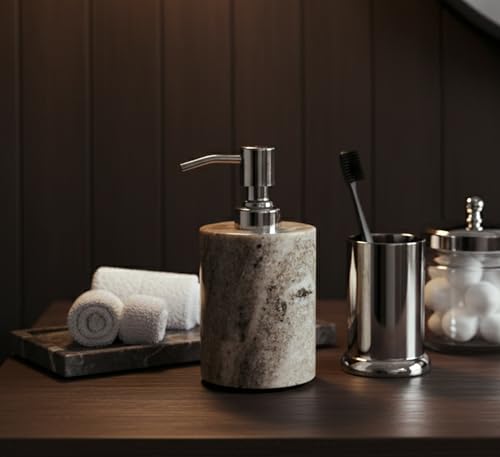 KLEO Soap/Lotion Dispenser - Made of Genuine Indian Marble in Brown Color - Luxury Bathroom Accessories Bath Set