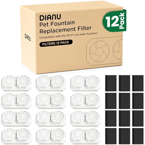 DIANU Official Cat Water Fountain Replacement Filters & Pre-Filter Sponges for 3.2L/108oz Stainless Steel Pet Fountain (12 Pack)