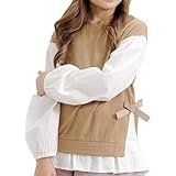 [Bee] ビー 長袖トップス ガールズ 女の子 キッズ レイヤード風 フェイクレイヤード リボン ニット taa05313 140cm モカ×白地