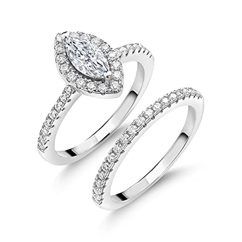 Gem Stone King 1.02 Cttw White Moissanite Wedding Engagement Ring Band Bridal Set For Women | 925 Sterling Silver | Marquise Cut 8X4MM | Available in Size 5,6,7,8,9