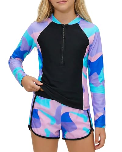 Maillot de bain deux pièces fille manches longues rashguard avec short de bain zippé
