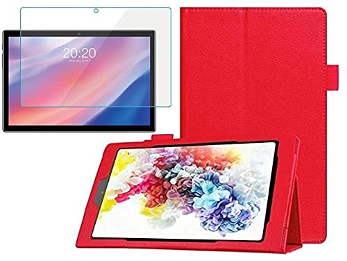 VASTKING KingPad K10 Tablet Case with Tempered Glass Screen Protector, PU Leather Protective Case with Multi-Angle Stand Folio Cover Case for VASTKING Tablet K10 (Red + Glass)