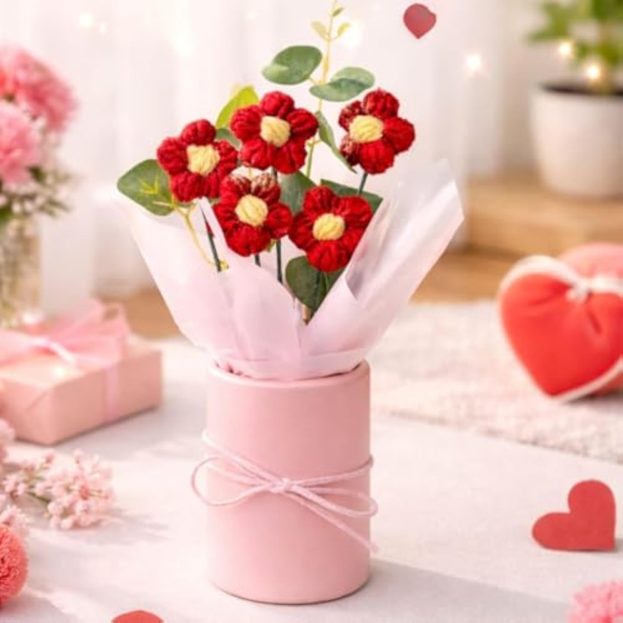 Handmade Crochet Flower Bouquet in Pink Gift Box