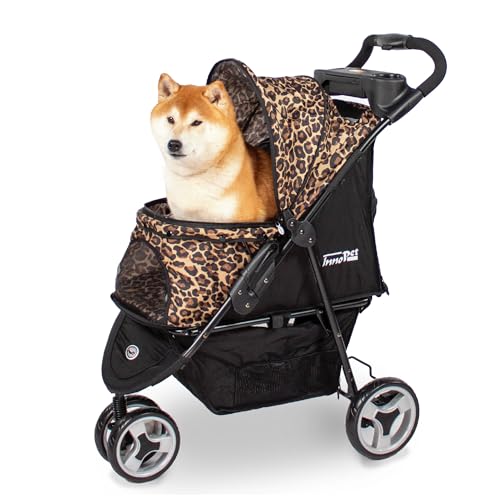 Innopet Buggy Allure Cheetah - Elegante passeggino per cani con stampa leopardata, pieghevole con una sola mano - Ruote antiforatura - Peso massimo 20 kg - carrozzina ideale per gatti