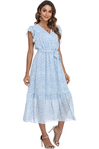 Image of VintageClothing Womens Sundress Casual Floral Summer Boho Dress | Flowy Wrap V Neck Ruffle A-Line Pleated Hem Midi Dresses