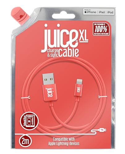 Juice XL 2m Apple Lightning Cable. USB to Lightning iPhone Charger Cable, MFI Certified Apple Charger Cable. Long, Durable iPad Charger Cable & iPhone Cable (Coral)