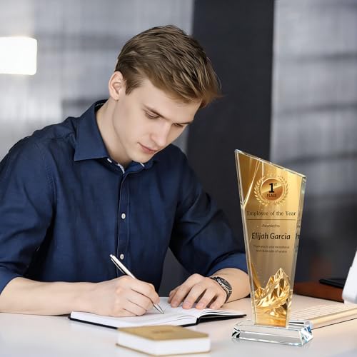 Image of Custom Crystal Trophy Award Personalized Plaque Award with Text Logo Photo Awards Trophies for Employee Recognition Team Graduation Personalized Office Gifts for Boss Coworker Teacher