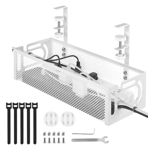 Under Desk Cable Management Tray, No Drill Cable Tray Under Desk Cable Organiser with Cable Trunking Clamp Cable Management Box, Cable Tray Basket Storage for Cables on Desk in Home Office