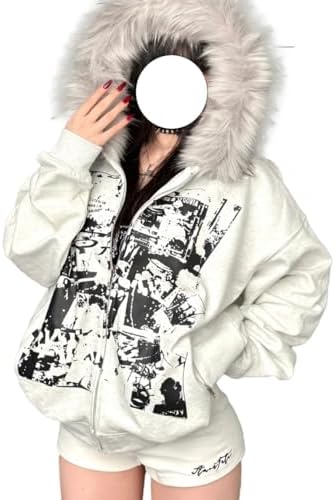 GOTHPICKUS Y2K Grunge Faux Fur Hoodies For Women Zip Up Vintage Punk Gothic Graphic Jacket Long Sleeves Ribbing Streetwear