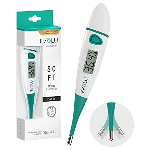 Evolu Wasserdichtes Flexibles Digitales Thermometer Messung in Mund, Rektal oder Achsel mit flexibler Messspitze in 10 Sek - Babys, Kinder, Erwachsene - hohe Präzision - mit Aufbewahrungsbox Cover