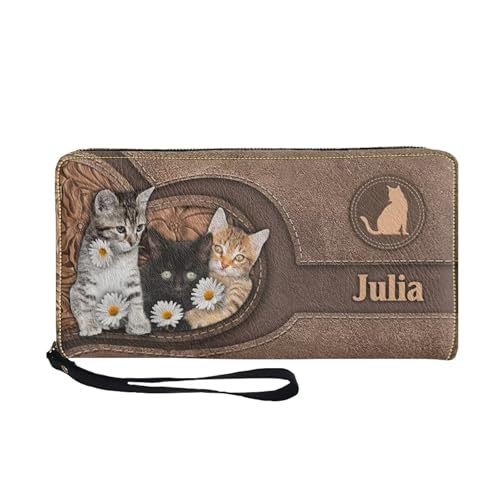 Customizable Wristlet Wallet With Name Personalized Cat Long Wallet Credit Card Large Capacity Zip Around Anniversarie Birthday Gift for Wife Pet Lover