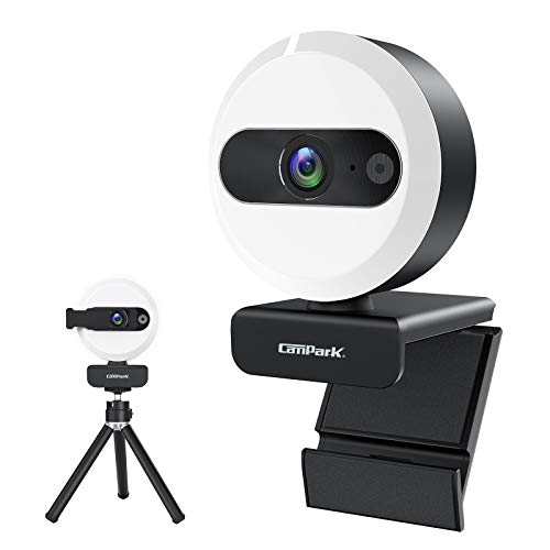 Campark Webcam 2k para PC con Anillo de luz de Control t�ctil, tr�pode Gratuito y Cubierta de privacidad, c�mara Web de transmisi�n con micr�fono est�reo para Vida, Video Chat