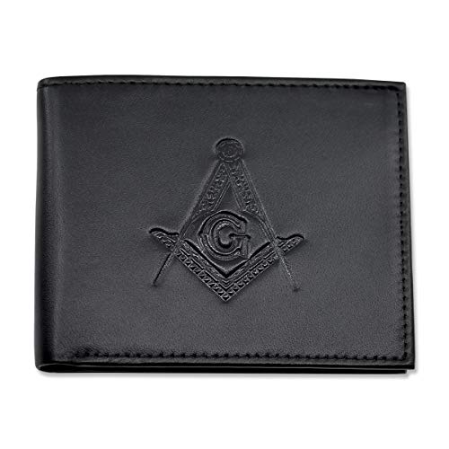 Black Matte Leather Square & Compass Bi-Fold Masonic Wallet