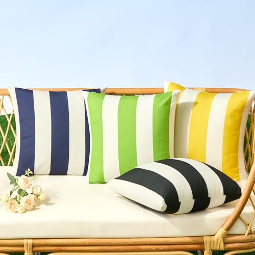 Image of Allorry Outdoor Pillow Covers 24x24 Set of 2 Navy Blue Striped Decoration Throw Pillow Covers for Spring Summer Outdoor Waterproof Garden Patio Furniture Sofa Bed Home Decor JB007-D24