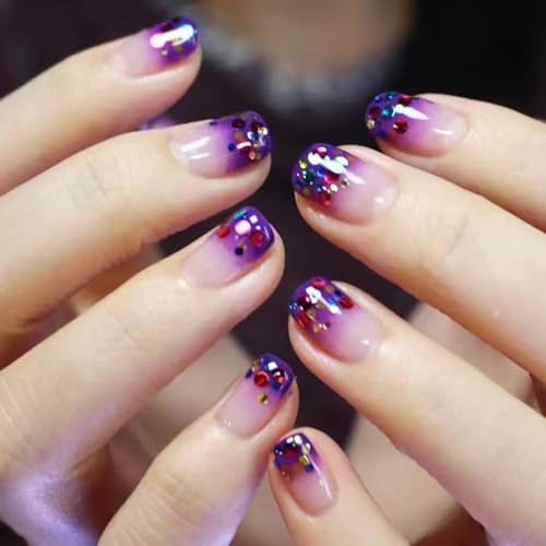 Short Press on Nails Purple Ombre Square Fake Nails Rainbow Candy Sequins Stick on Nails Icy and Super Sparkling Acrylic False Nails for Women DIY 24Pcs