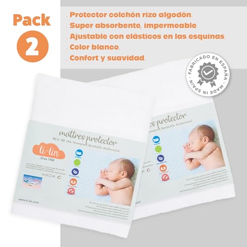 Miniatura 5 de Pack De 2 Protectores De Colchón De Cuna 80x50 Cm Impermeables Y Transpirables En Rizo De Algodón Suave, Ajuste Con Elásticos, Anti-Bacterias Y Lavable