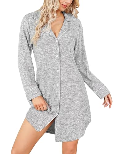 Image of Pabumbubu Nightgowns for Women Long Sleeve Button Down Sleep Shirts Boyfriend Nightshirt Nursing Pajamas Sleepwear